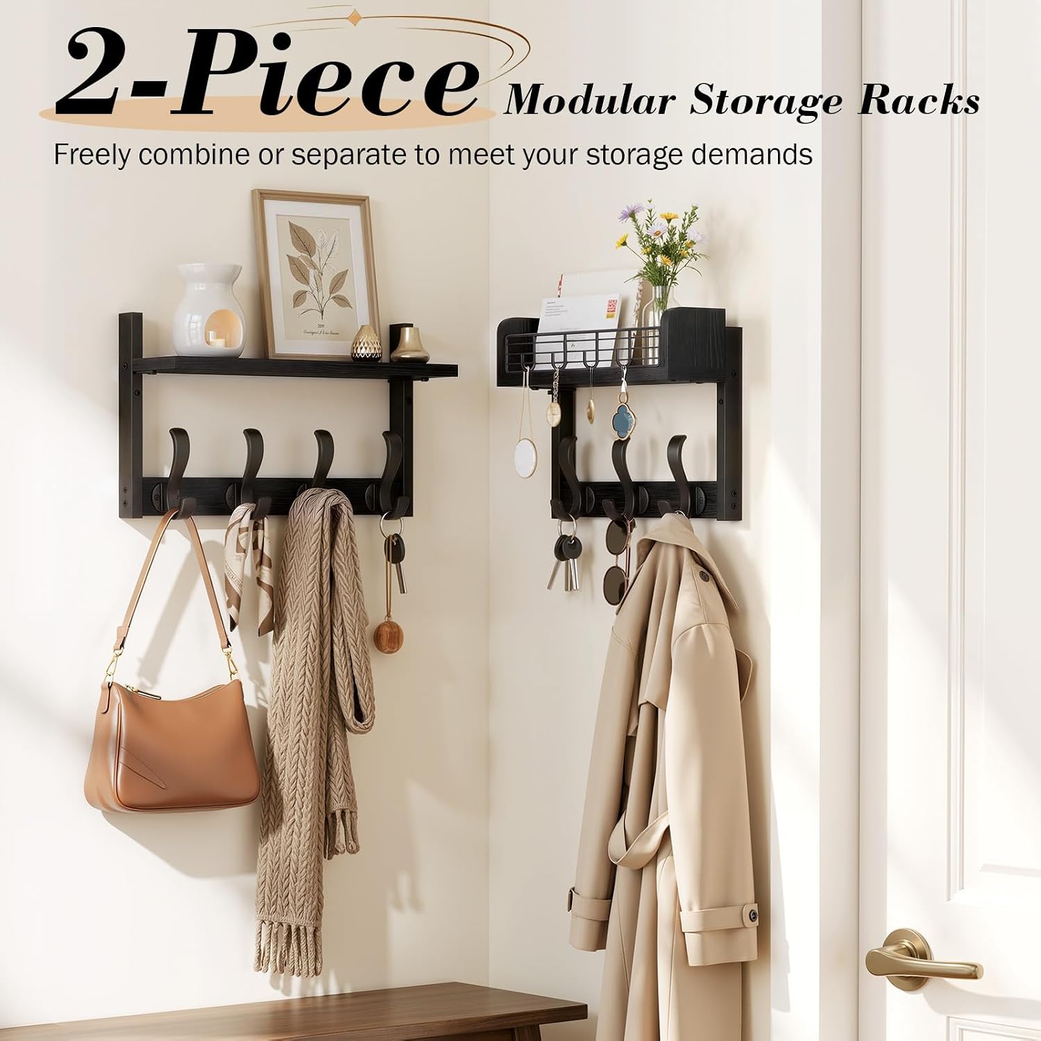 Delamu 29" Large Coat Rack Wall Mount with Shelf, 4 in 1 Shelf with 11 Hooks, Wooden Key and Mail Holder for Wall for Entryway, Living Room and Bedroom, Brown
