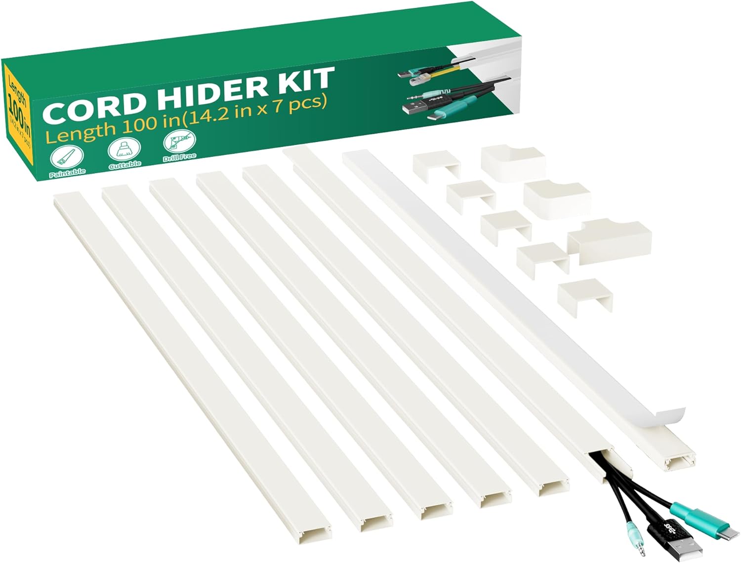 Delamu Cord Hider, 100in Self-Adhesive Cord Cover Kit for Wall Mounted TV, Paintable Wire Hider, Flexible Cable Management System