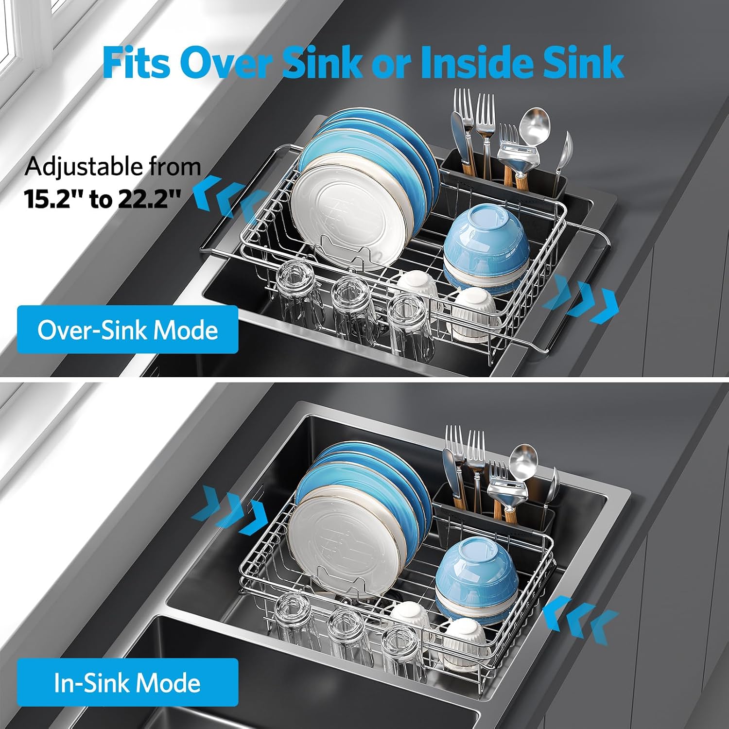 Delamu Over The Sink Dish Drying Rack for Small Kitchen | Expandable Stainless Steel in Sink Dish Drainer, Dish Rack for Kitchen Inside Sink with Utensil Holder, Rustproof, Small