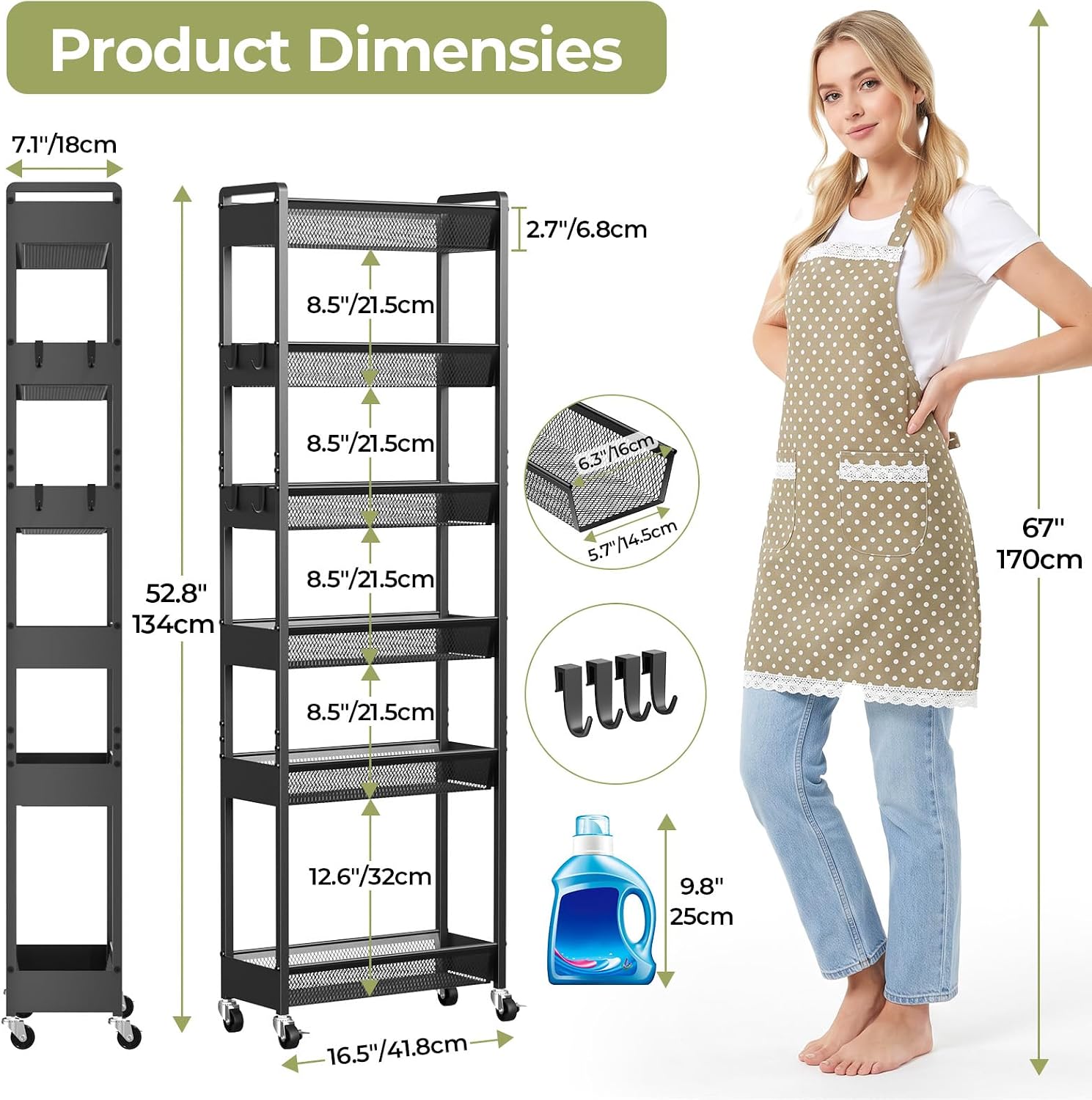 Delamu 4-6 Tier Slim Storage Rolling Cart, Utility Metal Narrow Cart 7.1" W