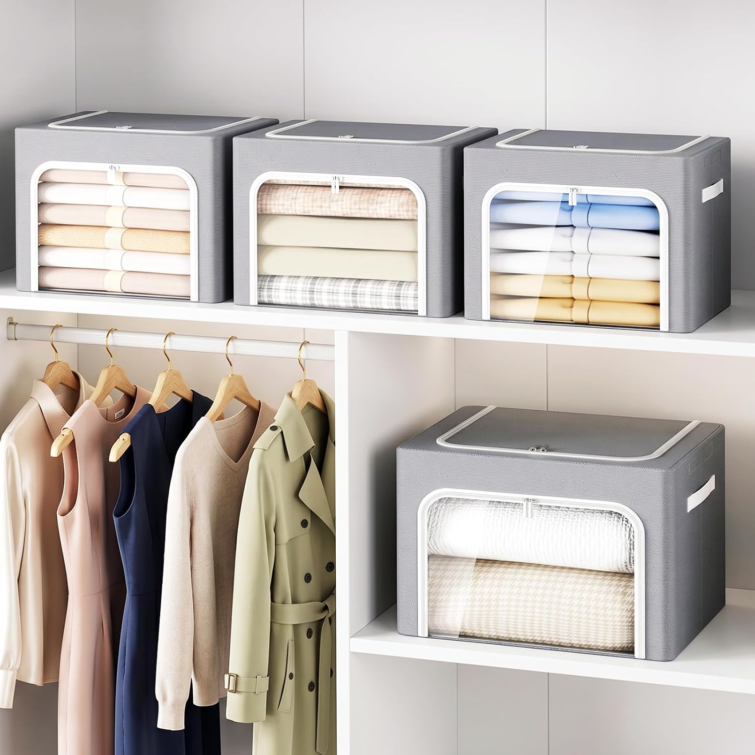 Yecaye 3-Pack 40/66L Clothes Storage Bins with Lid, Foldable Clothing Storage Bin with Clear Window, Stackable Storage Box for Closet, Fabric Zippered Organizer Container, Beige
