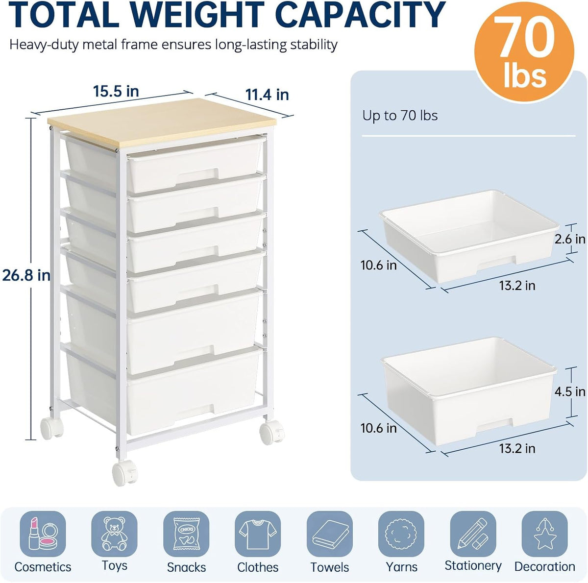 Delamu Rolling Storage Cart with 6/8 Drawers, Utility Craft Storage Cart | Storage Drawers Cart with Wooden Tabletop and Lockable Casters for Classroom Office Dorm Craft Art Supplie