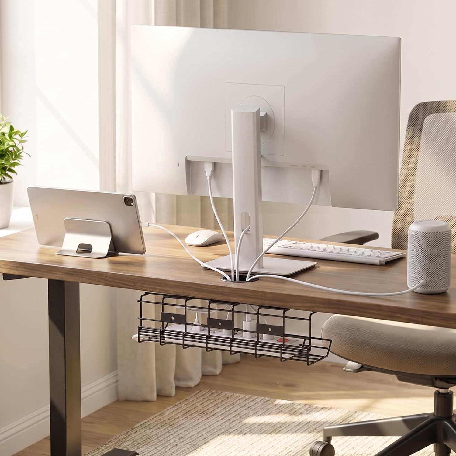 DELAMU 1 Pack Under Desk Cable Management Tray, Black | Metal Wire Organizer for Desk, Easy Install Pre-drilled, Holds 15lb, Wire Management Wire Organizer, For Office & Home