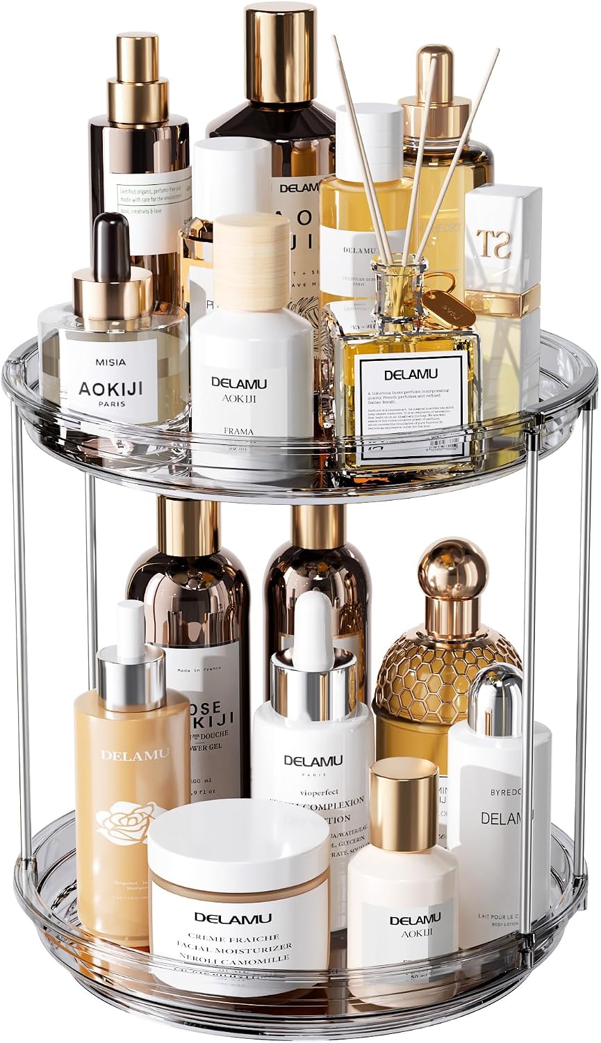 Delamu 2Tire 3 Tier Rotating Makeup Organizer for Vanity, Skincare Organizer for Bathroom Counter, Spinning Perfume Organizer Cosmetic Holder with Large Capacity, Grey