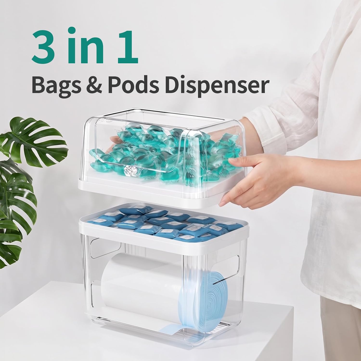 Delamu 3 In 1 Trash Bag Holder Dishwasher Pod Holder With Moistureproof Lid | Stackable Trash Bag Dispenser Garbage Bag Dispenser, Clear Storage Bins Laundry Pods Container for Under Sink Laundry Room