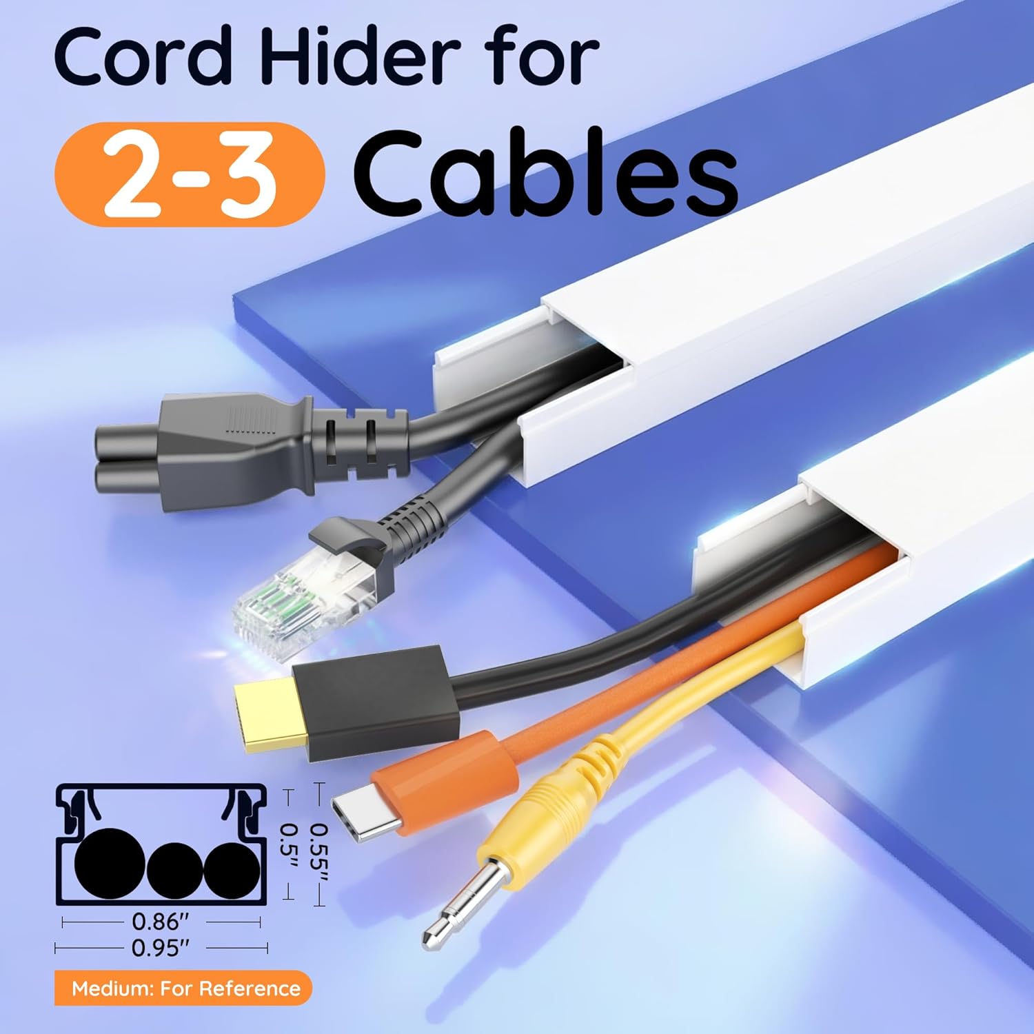 Delamu Cord Hider, 100in Self-Adhesive Cord Cover Kit for Wall Mounted TV, Paintable Wire Hider, Flexible Cable Management System, Cable Raceway Conceals 2-3 Wires, W0.95 H0.55in, White