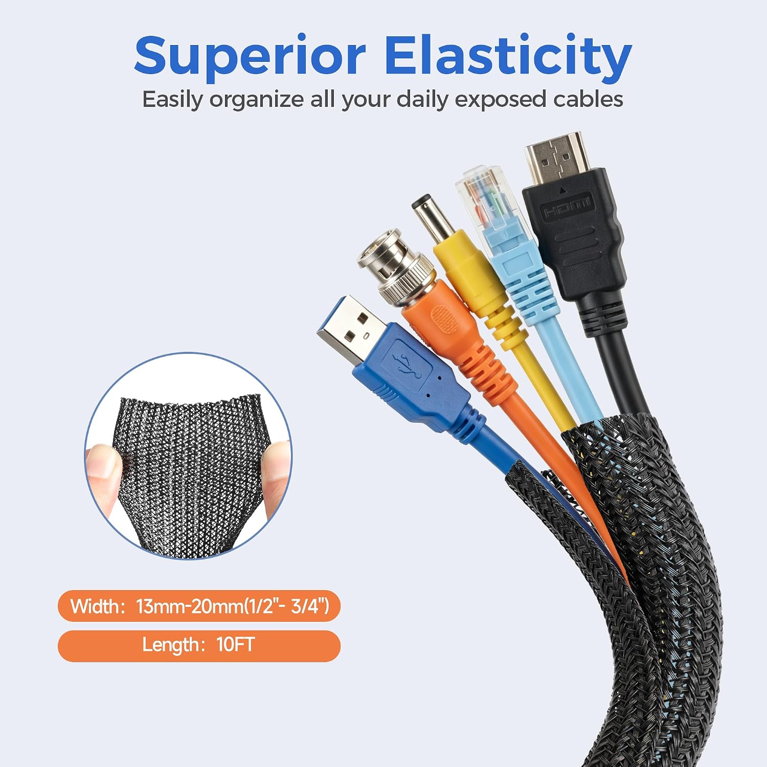 Delamu 10/30ft - 1/2 inch Cable Sleeve Cord Protector from Pets No Chew, Split-Braided PVC Wire Loom Tubing for Desk Computer USB TV Cord Organizer, Easy Set-up Cable Management Sleeve Kit, White, Black