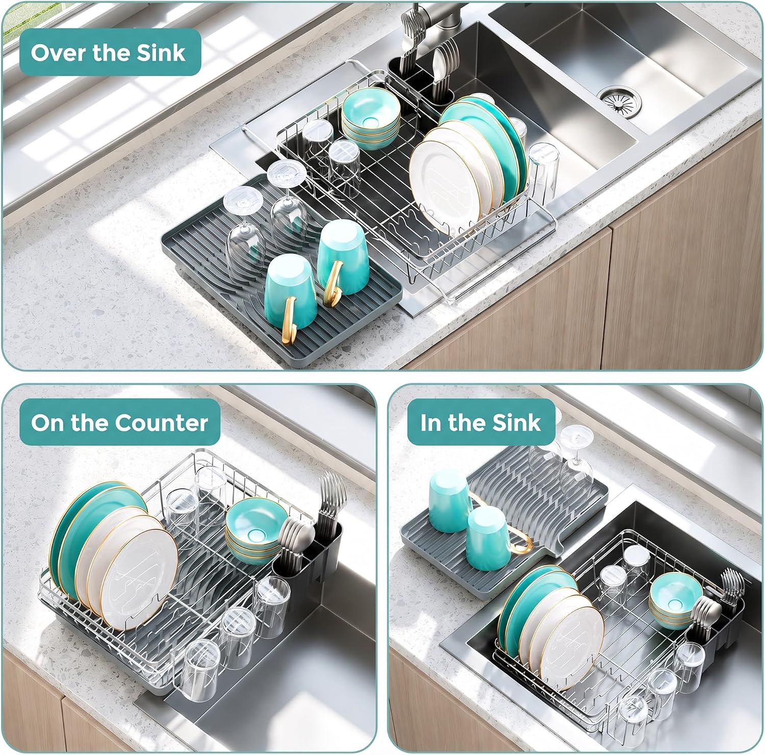 Delamu Over Sink Dish Drying Rack with Drainboard for Small Kitchen Counter