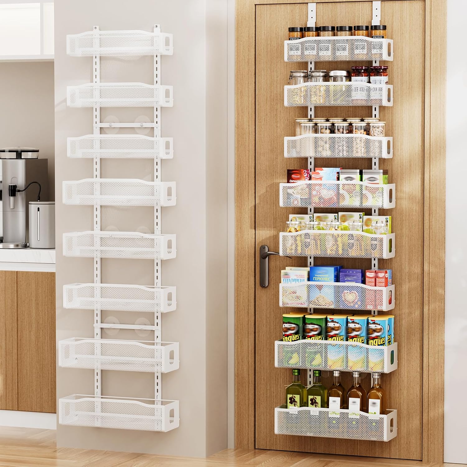 Delamu 8 Tier Over the Door Pantry Organizer, 2in1 Hanging or Wall Mount Spice Rack Seasoning, Adjustable Heavy-Duty Narrow Pantry Door Organizer and Storage for Kitchen Cabinet and Bathroom,12" White