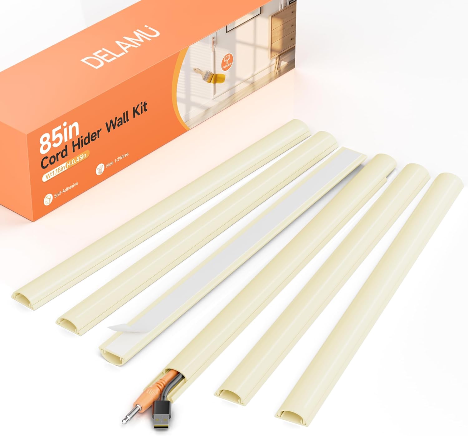 Delamu 85in Adhesive Cord Hider Wall, Mounted TV Cord Cover Kit, Multiple Cable Raceways for Wall Corner, Wire Cover Hiders for 1-2 Cables
