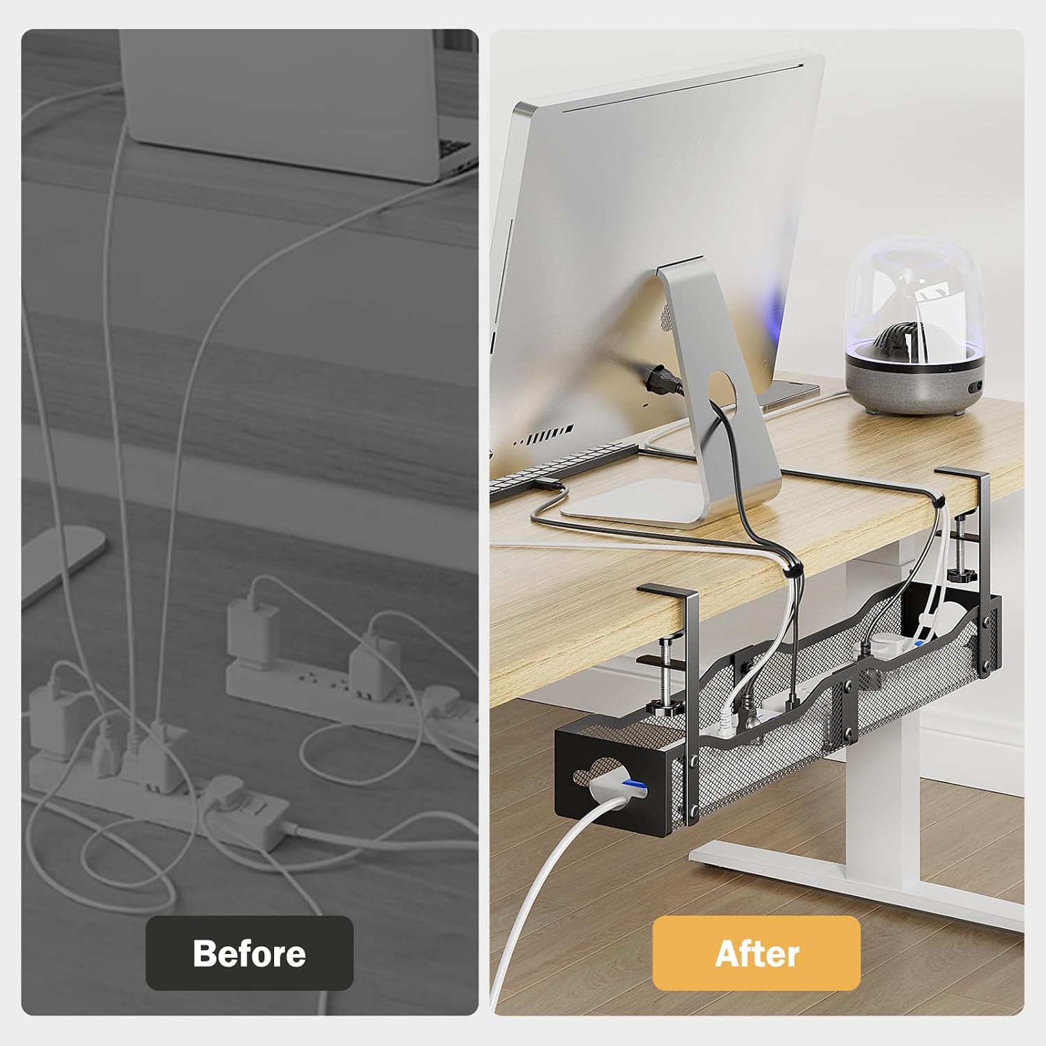 DELAMU 25'' Upgraded Under Desk Cable Management, No Dill Desk Cable Management with F-Clamp, Metal Cable Management Tray to Cord Management for Home Office, Black
