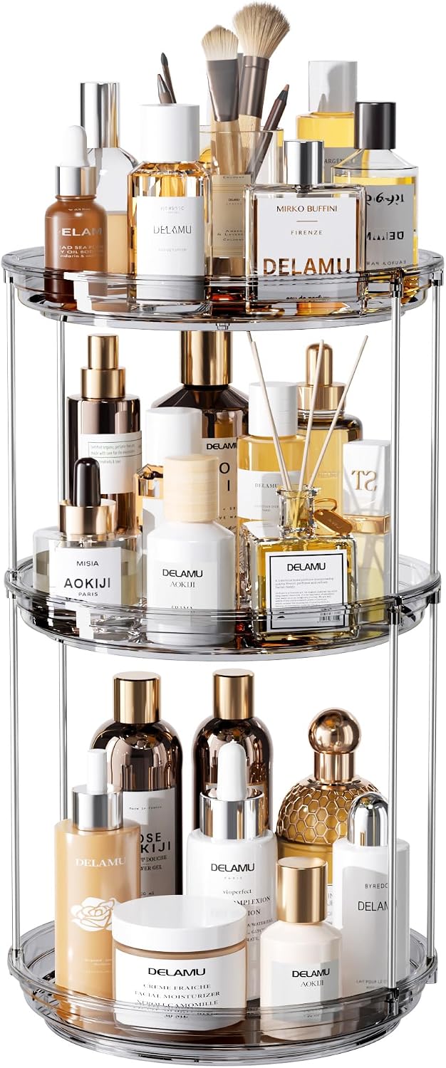 Delamu 2Tire 3 Tier Rotating Makeup Organizer for Vanity, Skincare Organizer for Bathroom Counter, Spinning Perfume Organizer Cosmetic Holder with Large Capacity, Grey