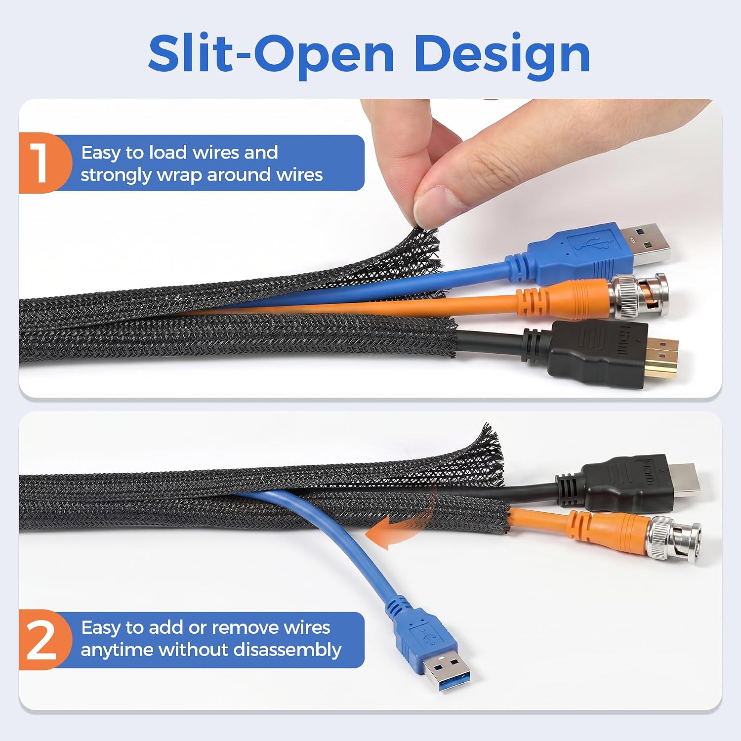 Delamu 10/30ft - 1/2 inch Cable Sleeve Cord Protector from Pets No Chew, Split-Braided PVC Wire Loom Tubing for Desk Computer USB TV Cord Organizer, Easy Set-up Cable Management Sleeve Kit, White, Black