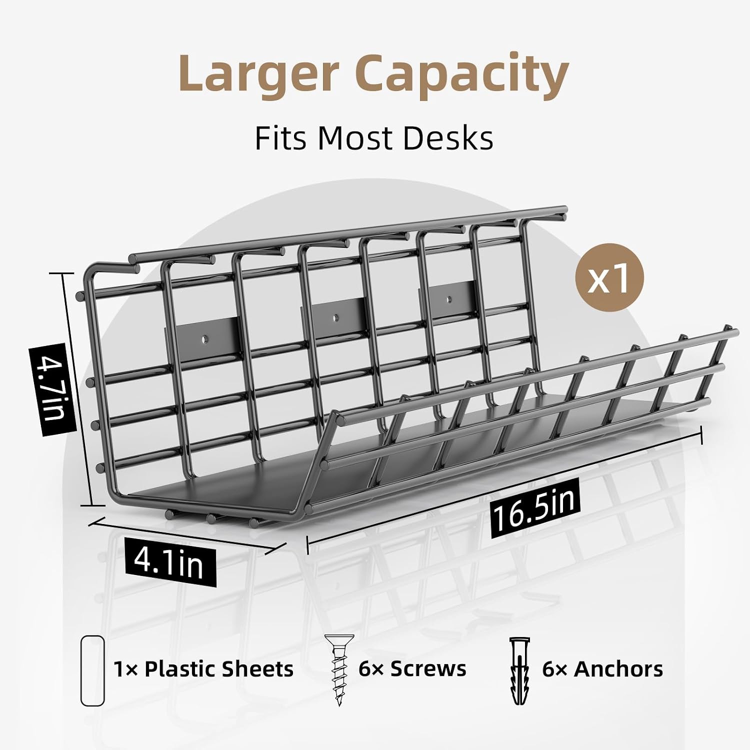 1 Pack DELAMU Under Desk Cable Management Tray, Large Metal Cord Organizer, Office & Home Cord Wire Management Under Desk Shelf, Easy Install Pre-drilled Cable Organizer, Black