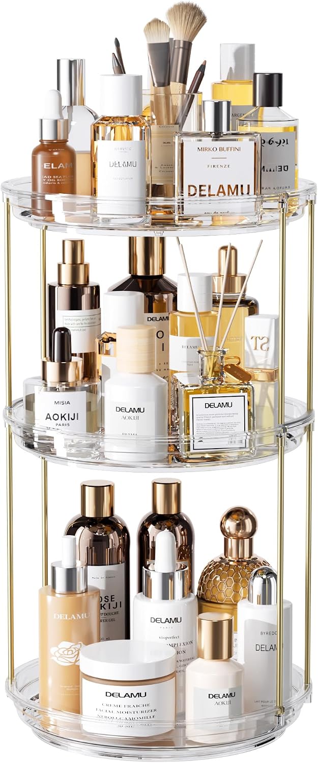Delamu 2Tire 3 Tier Rotating Makeup Organizer for Vanity, Skincare Organizer for Bathroom Counter, Spinning Perfume Organizer Cosmetic Holder with Large Capacity, Grey