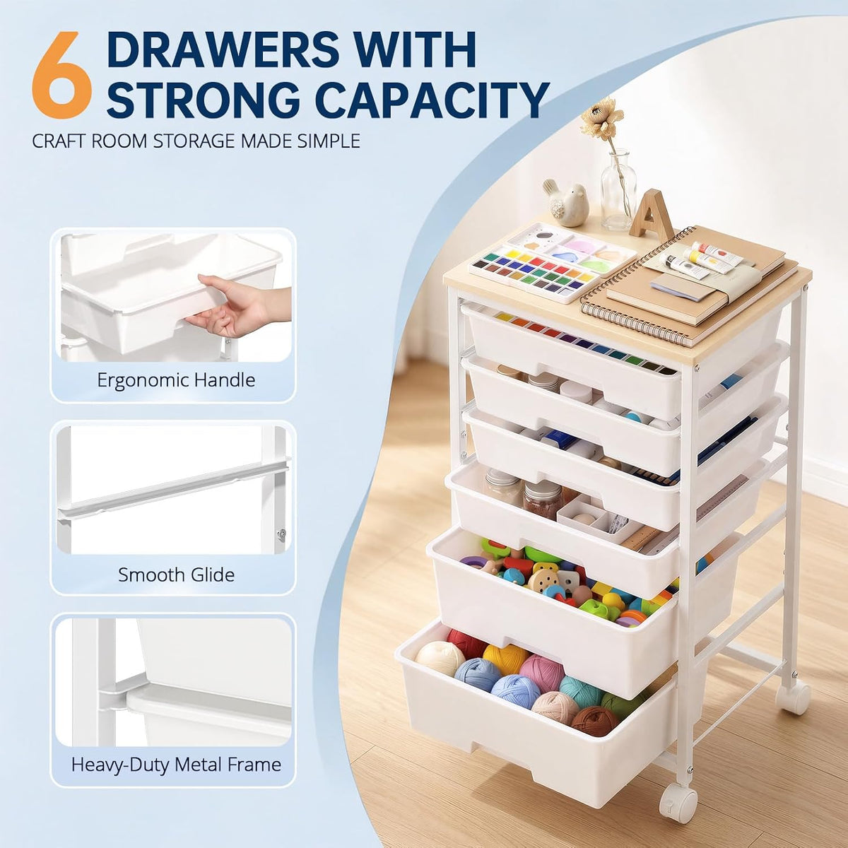 Delamu Rolling Storage Cart with 6/8 Drawers, Utility Craft Storage Cart | Storage Drawers Cart with Wooden Tabletop and Lockable Casters for Classroom Office Dorm Craft Art Supplie