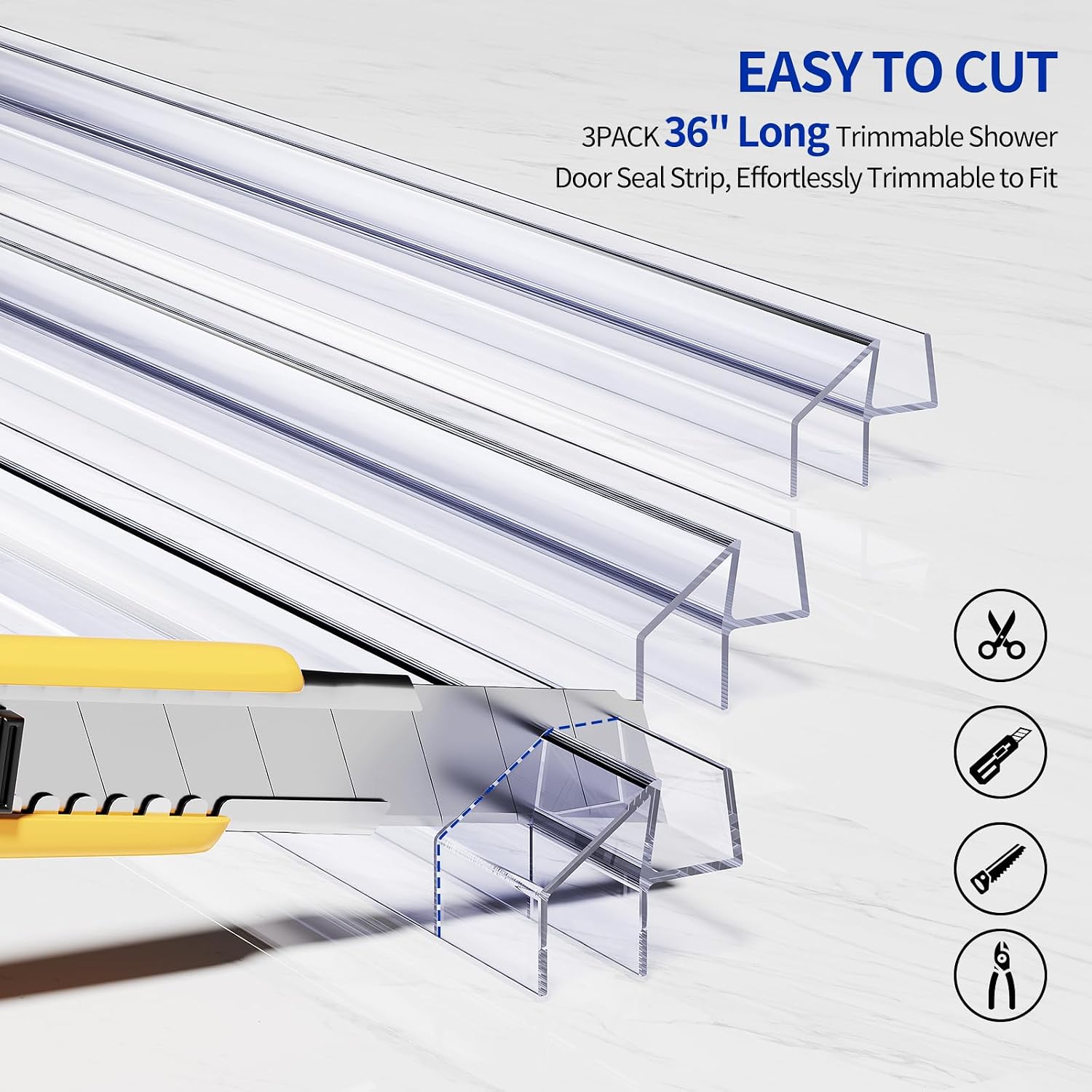 Delamu 3Pack 1/4" x 36" Shower Door Bottom Seal, Clear Shower Door Sweep Strip, Frameless Glass Door Seal Strip for 1/4'' (6mm) Thick Doors Showers 36in Long