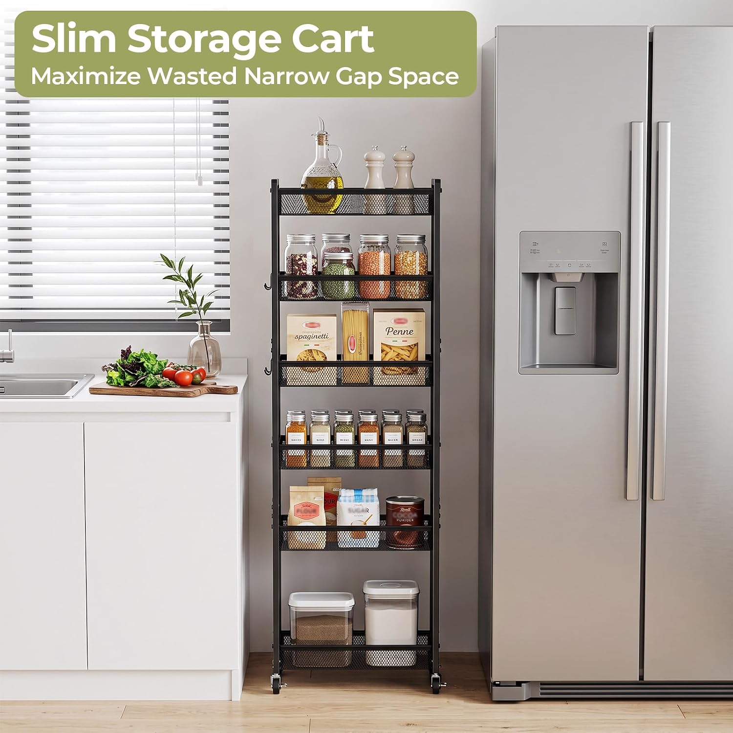 Delamu 4-6 Tier Slim Storage Rolling Cart, Utility Metal Narrow Cart 7.1" W
