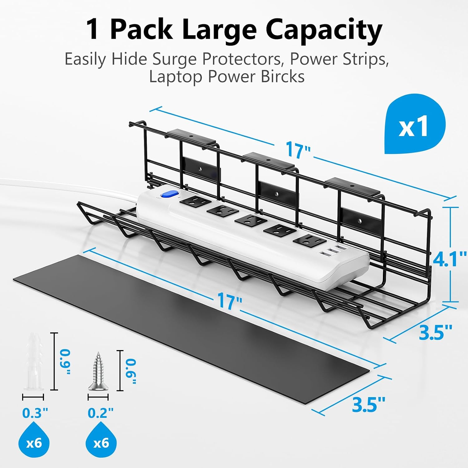 DELAMU 1 Pack Under Desk Cable Management Tray, Black | Metal Wire Organizer for Desk, Easy Install Pre-drilled, Holds 15lb, Wire Management Wire Organizer, For Office & Home