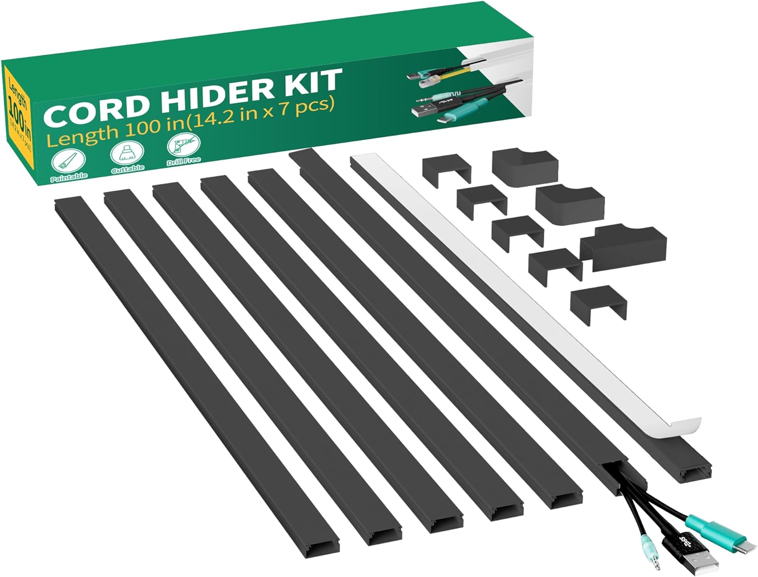 Delamu Cord Hider, 100in Self-Adhesive Cord Cover Kit for Wall Mounted TV, Paintable Wire Hider, Flexible Cable Management System