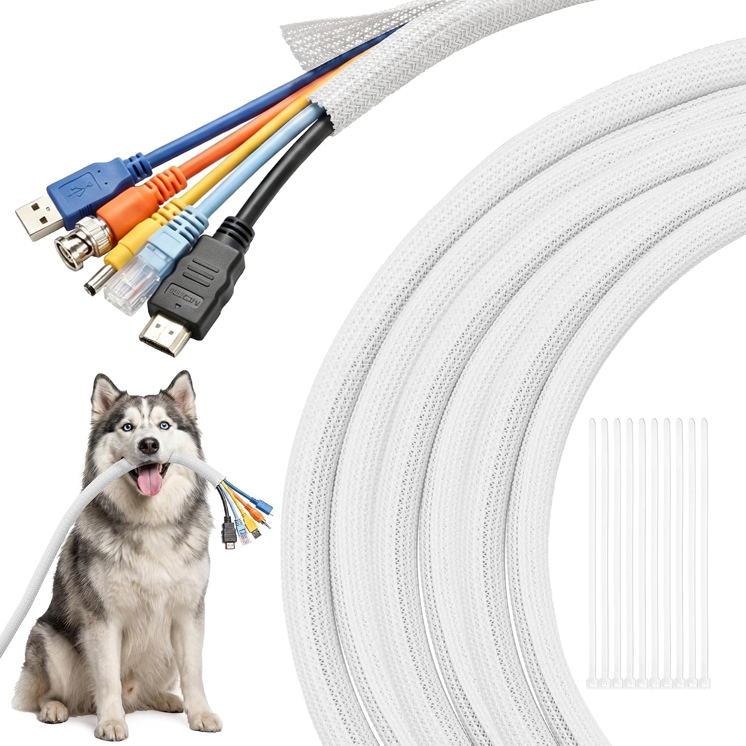 Delamu 10/30ft - 1/2 inch Cable Sleeve Cord Protector from Pets No Chew, Split-Braided PVC Wire Loom Tubing for Desk Computer USB TV Cord Organizer, Easy Set-up Cable Management Sleeve Kit, White, Black
