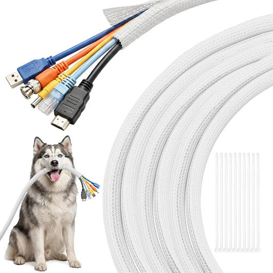 Delamu 10/30ft - 1/2 inch Cable Sleeve Cord Protector from Pets No Chew, Split-Braided PVC Wire Loom Tubing for Desk Computer USB TV Cord Organizer, Easy Set-up Cable Management Sleeve Kit, White, Black