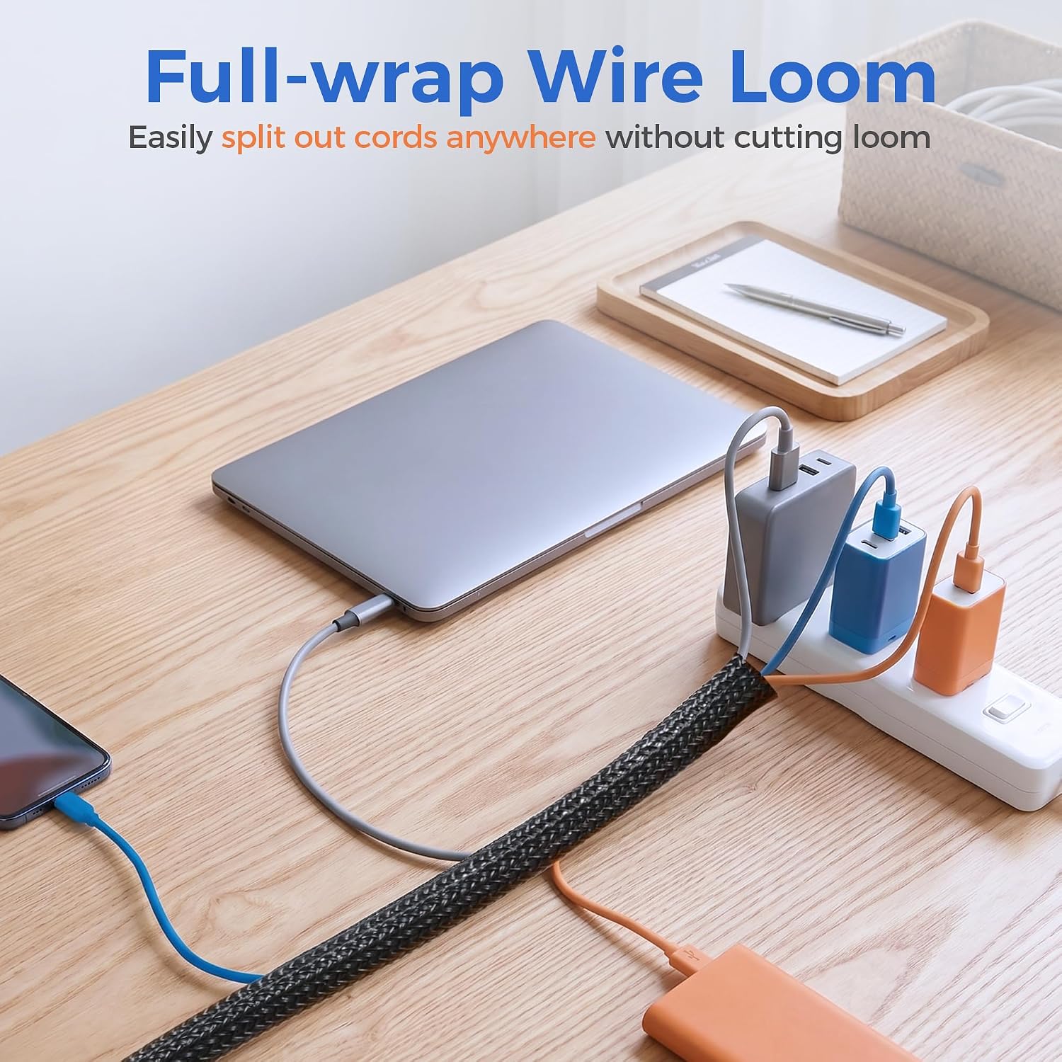 Delamu 10/30ft - 1/2 inch Cable Sleeve Cord Protector from Pets No Chew, Split-Braided PVC Wire Loom Tubing for Desk Computer USB TV Cord Organizer, Easy Set-up Cable Management Sleeve Kit, White, Black