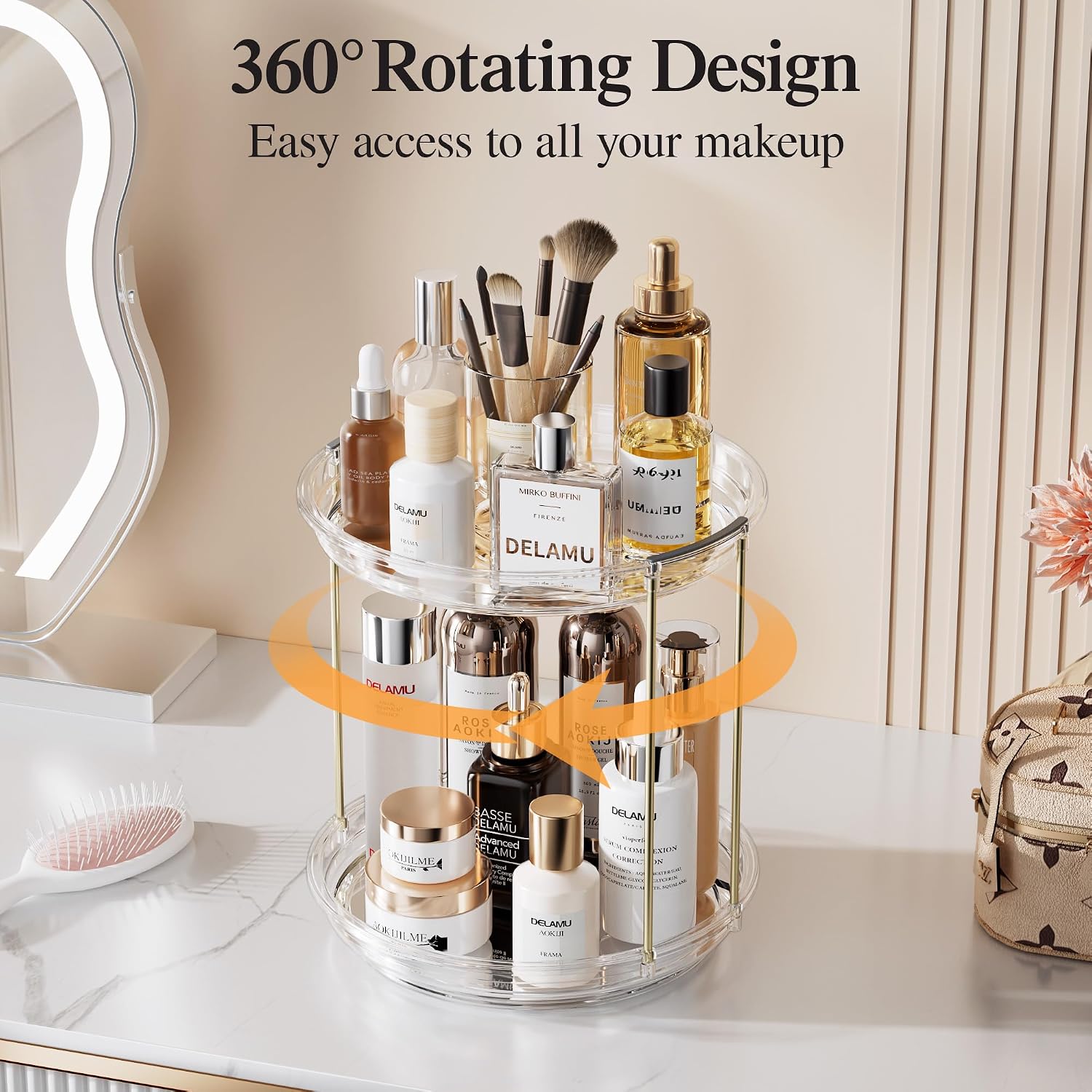 Delamu 2Tire 3 Tier Rotating Makeup Organizer for Vanity, Skincare Organizer for Bathroom Counter, Spinning Perfume Organizer Cosmetic Holder with Large Capacity, Grey
