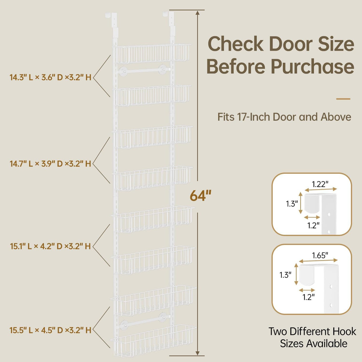 Delamu Pantry Door Organizer, Adjustable Metal Over the Door Pantry Organizer Rack, 6-Tier/8-Tire Over the Door Spice Rack, Kitchen Pantry Door Organizers and Storage, D5 W12 H52.1 inch, White, Small