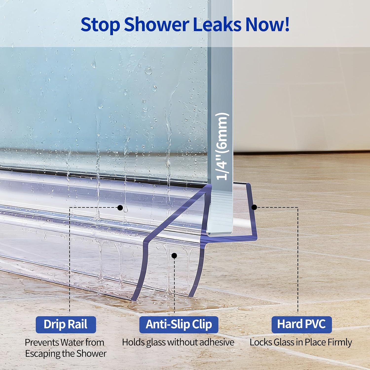 Delamu 3Pack 1/4" x 36" Shower Door Bottom Seal, Clear Shower Door Sweep Strip, Frameless Glass Door Seal Strip for 1/4'' (6mm) Thick Doors Showers 36in Long