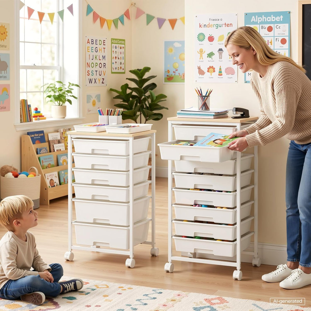 Delamu Rolling Storage Cart with 6/8 Drawers, Utility Craft Storage Cart | Storage Drawers Cart with Wooden Tabletop and Lockable Casters for Classroom Office Dorm Craft Art Supplie