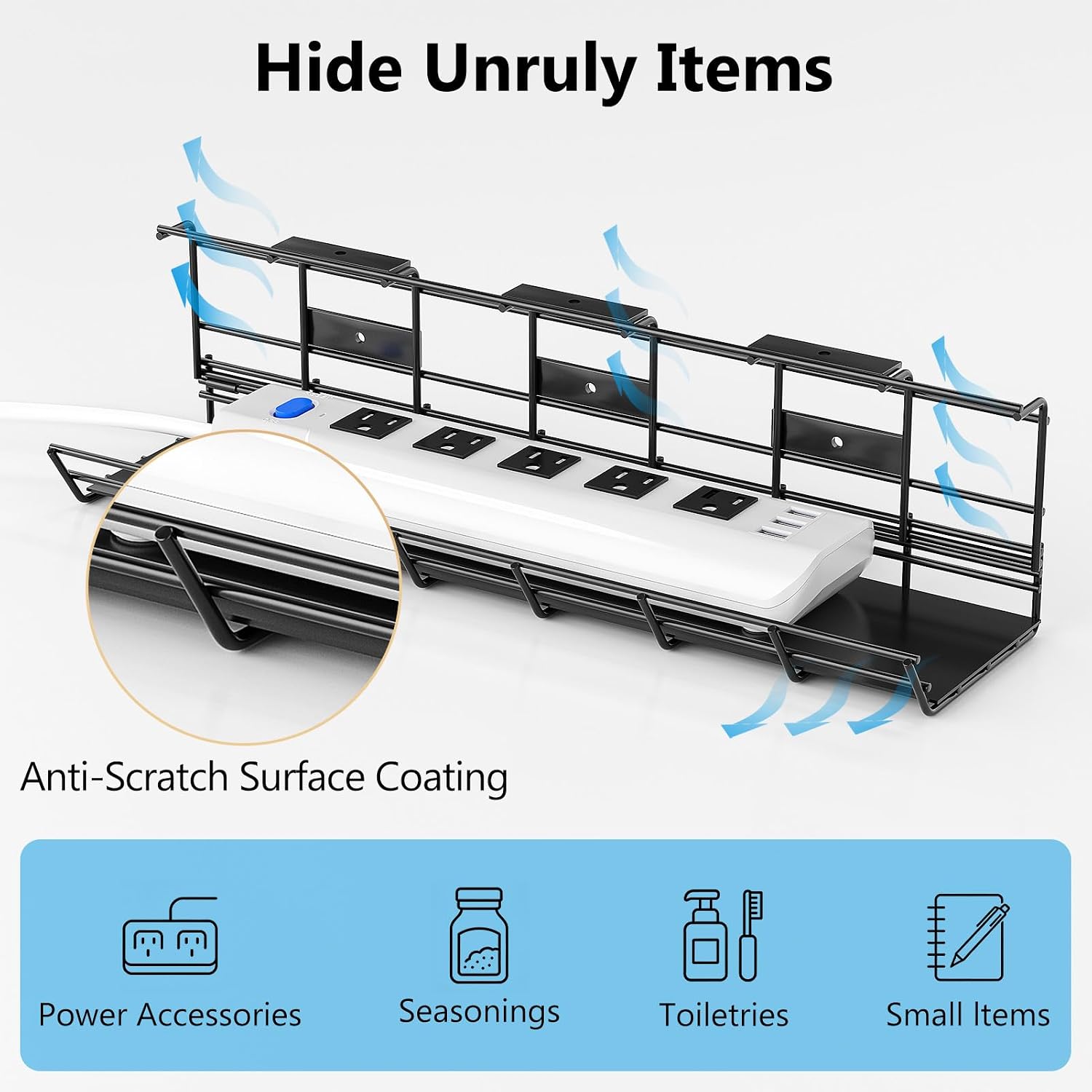 DELAMU 1 Pack Under Desk Cable Management Tray, Black | Metal Wire Organizer for Desk, Easy Install Pre-drilled, Holds 15lb, Wire Management Wire Organizer, For Office & Home