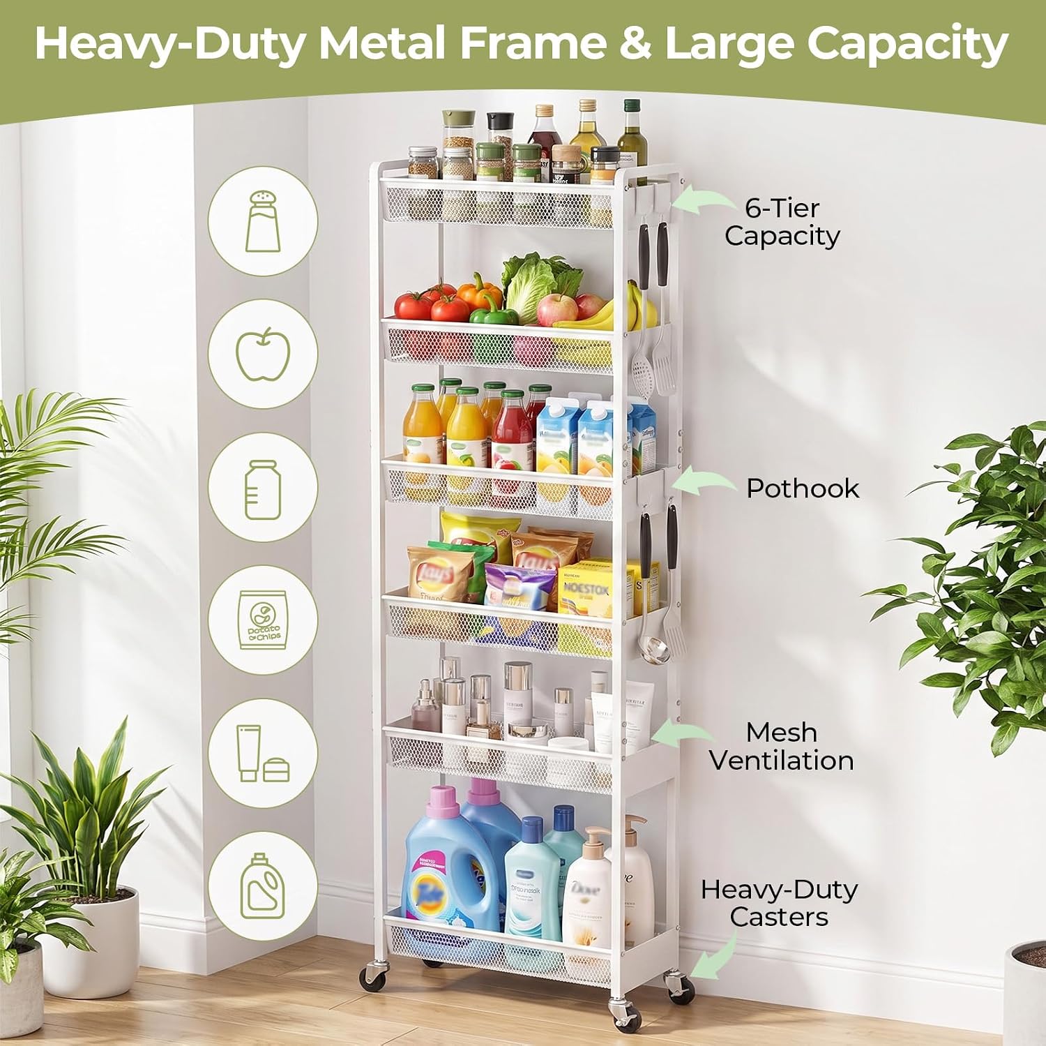 Delamu 4-6 Tier Slim Storage Rolling Cart, Utility Metal Narrow Cart 7.1" W