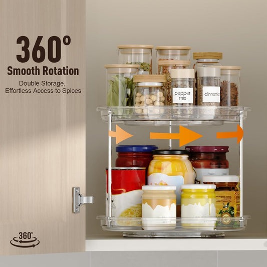 2 Tier Lazy Susan Organizer, 9.25'' Lazy Susan Turntable for Cabinet, Stackable Turntable Organizer Rotating Spice Rack Organization for Kitchen Countertop, Pantry, Bathroom, Clear