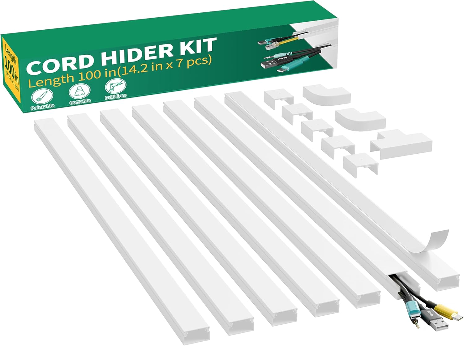 Delamu Cord Hider, 100in Self-Adhesive Cord Cover Kit for Wall Mounted TV, Paintable Wire Hider, Flexible Cable Management System