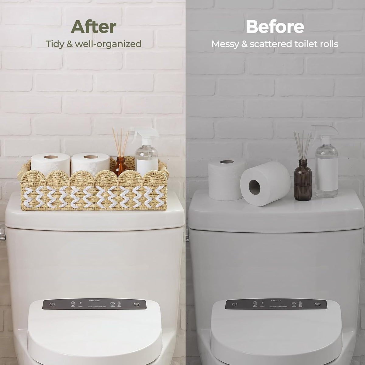 DELAMU Toilet Tank Paper Storage Baskets, 2 Pack (L+S) Bathroom Organizer, Scalloped Paper Rope Wicker Basket with Handles, for Boho Bedroom Countertop Living Room Kitchen Home Decor, White Patterned