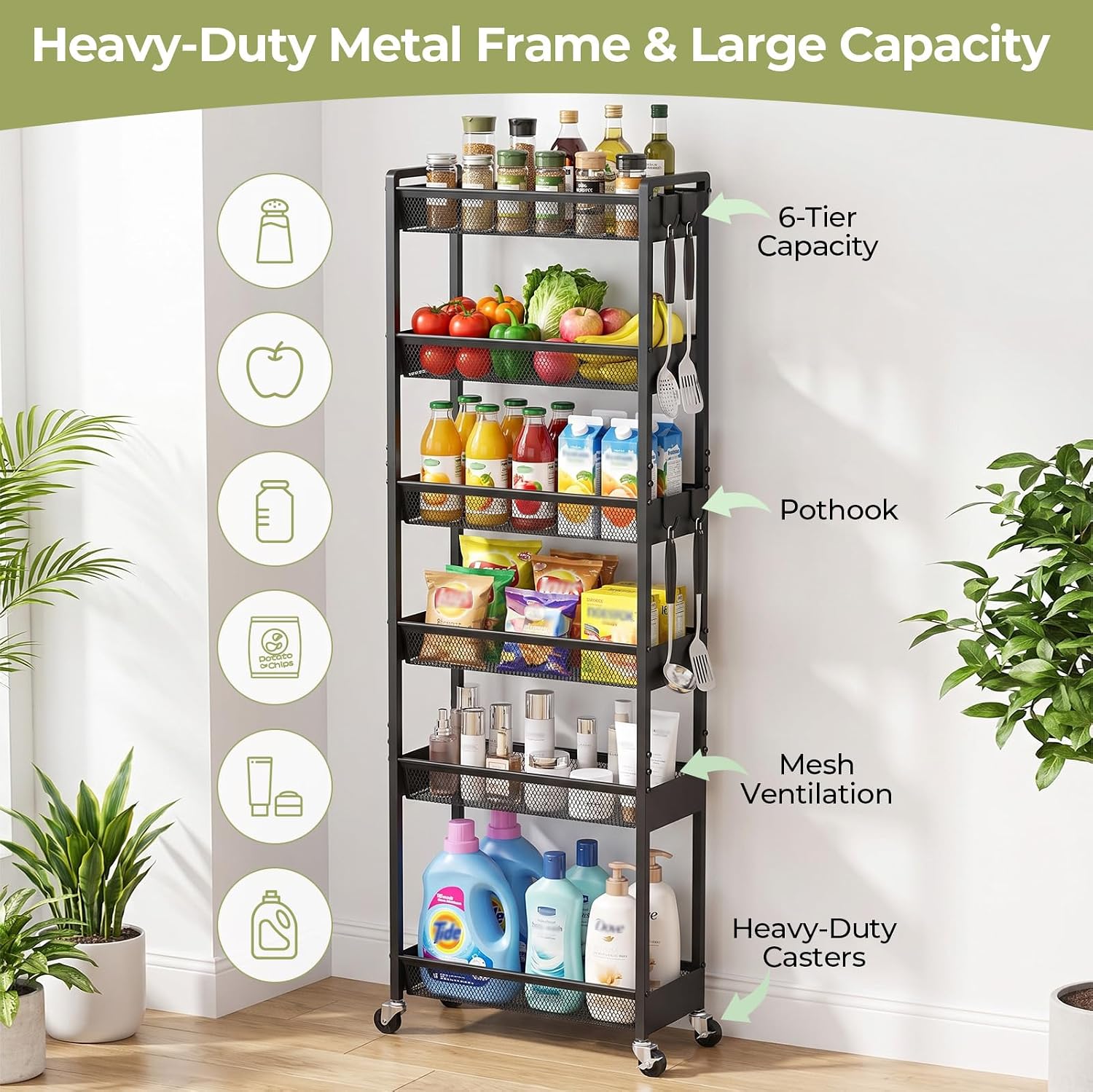 Delamu 4-6 Tier Slim Storage Rolling Cart, Utility Metal Narrow Cart 7.1" W