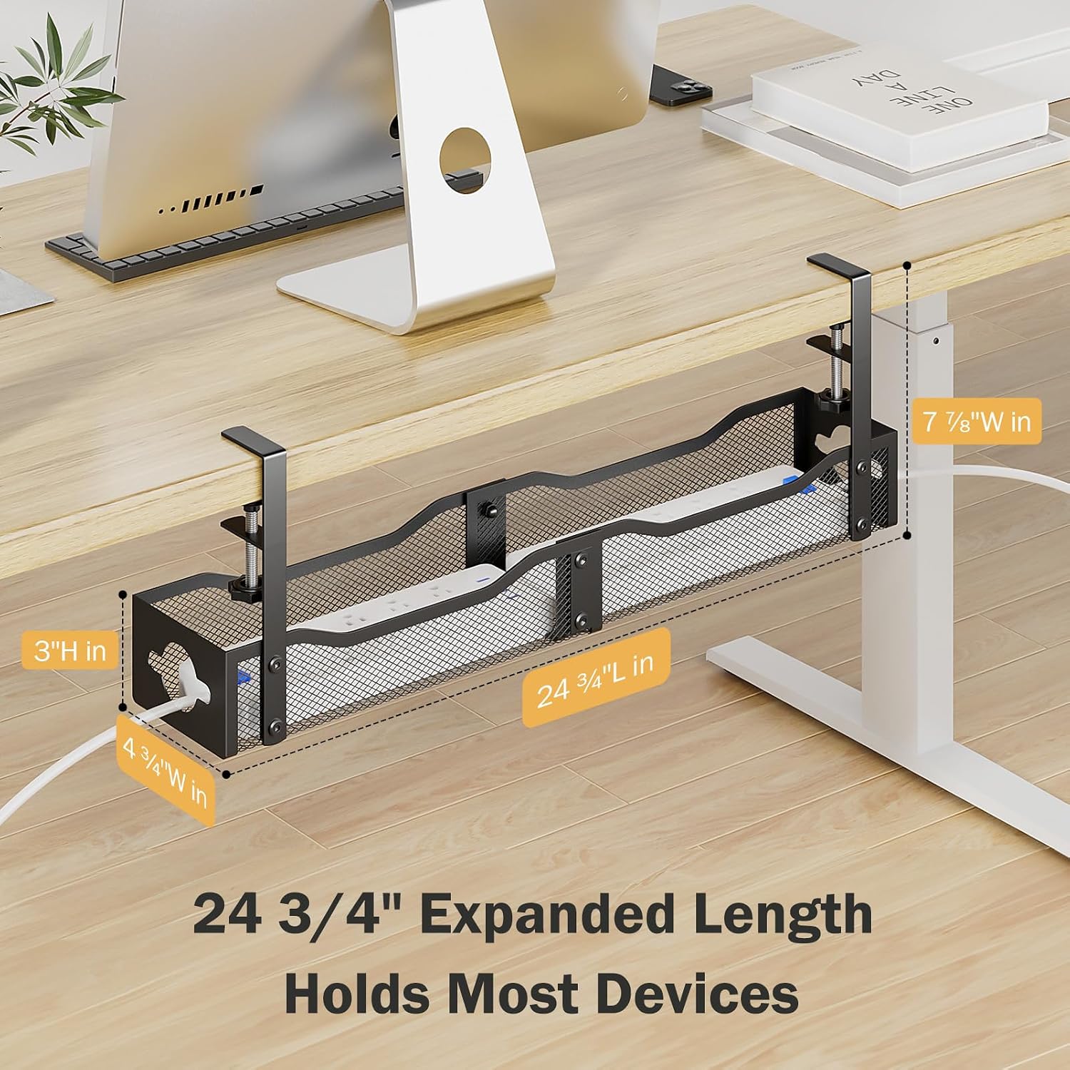DELAMU 25'' Upgraded Under Desk Cable Management, No Dill Desk Cable Management with F-Clamp, Metal Cable Management Tray to Cord Management for Home Office, Black