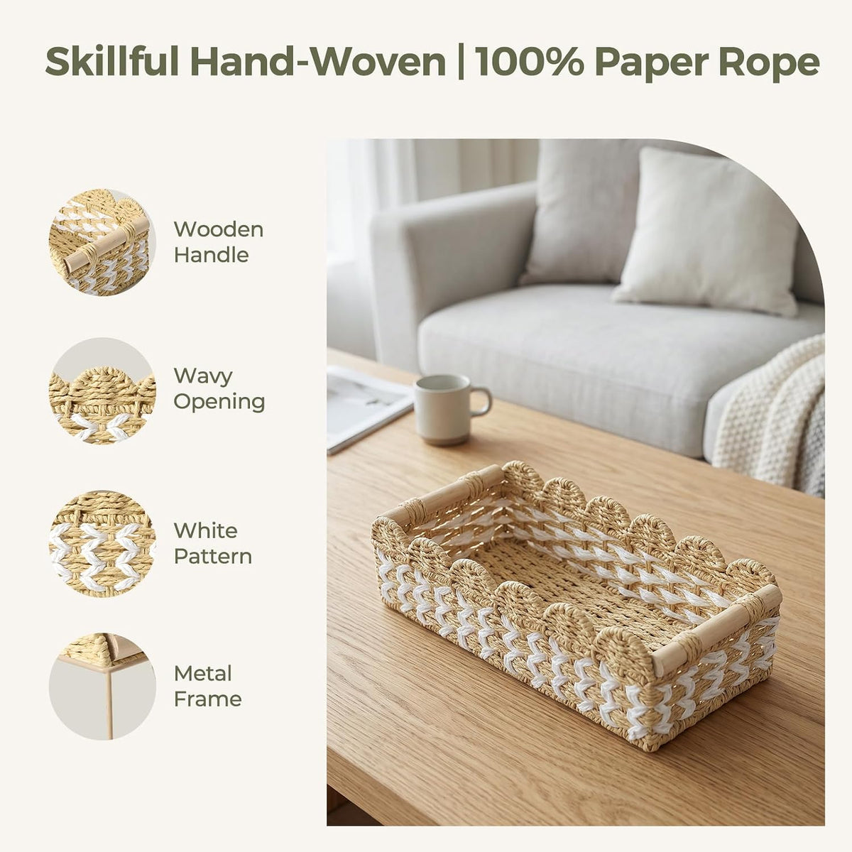 DELAMU Toilet Tank Paper Storage Baskets, 2 Pack (L+S) Bathroom Organizer, Scalloped Paper Rope Wicker Basket with Handles, for Boho Bedroom Countertop Living Room Kitchen Home Decor, White Patterned