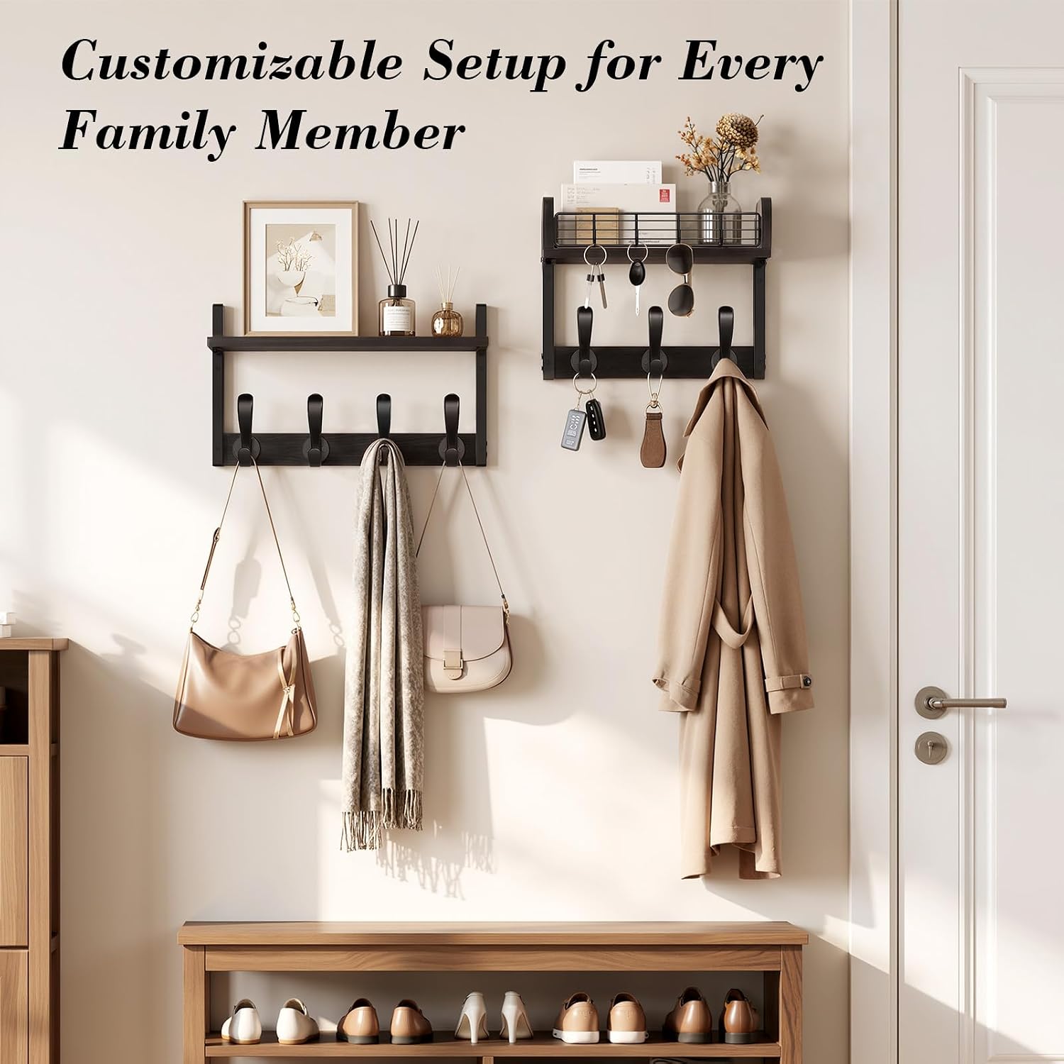 Delamu 29" Large Coat Rack Wall Mount with Shelf, 4 in 1 Shelf with 11 Hooks, Wooden Key and Mail Holder for Wall for Entryway, Living Room and Bedroom, Brown