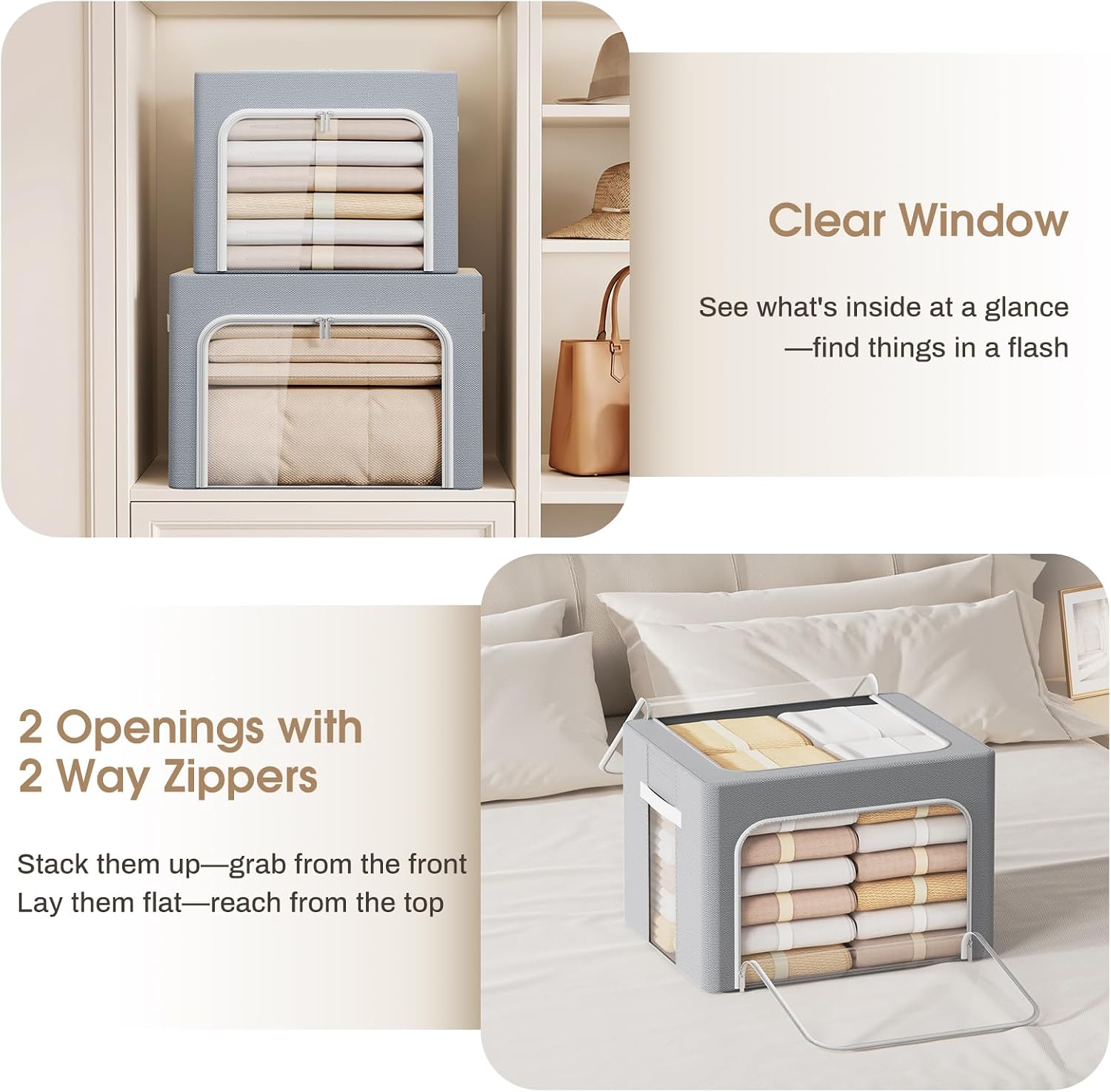 Yecaye 3-Pack 40/66L Clothes Storage Bins with Lid, Foldable Clothing Storage Bin with Clear Window, Stackable Storage Box for Closet, Fabric Zippered Organizer Container, Beige