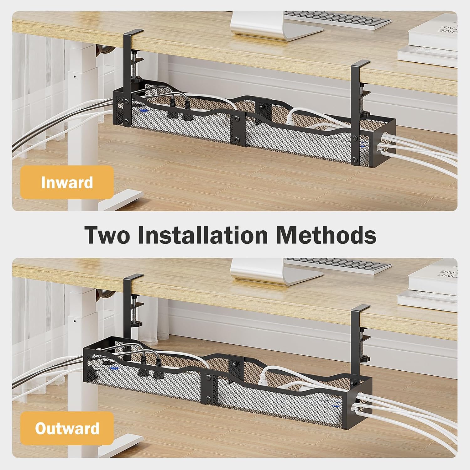 DELAMU 25'' Upgraded Under Desk Cable Management, No Dill Desk Cable Management with F-Clamp, Metal Cable Management Tray to Cord Management for Home Office, Black