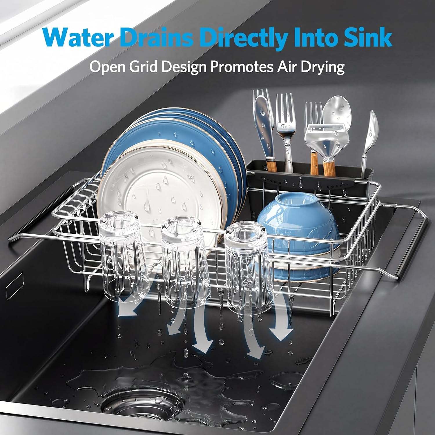 Delamu Over The Sink Dish Drying Rack for Small Kitchen | Expandable Stainless Steel in Sink Dish Drainer, Dish Rack for Kitchen Inside Sink with Utensil Holder, Rustproof, Small