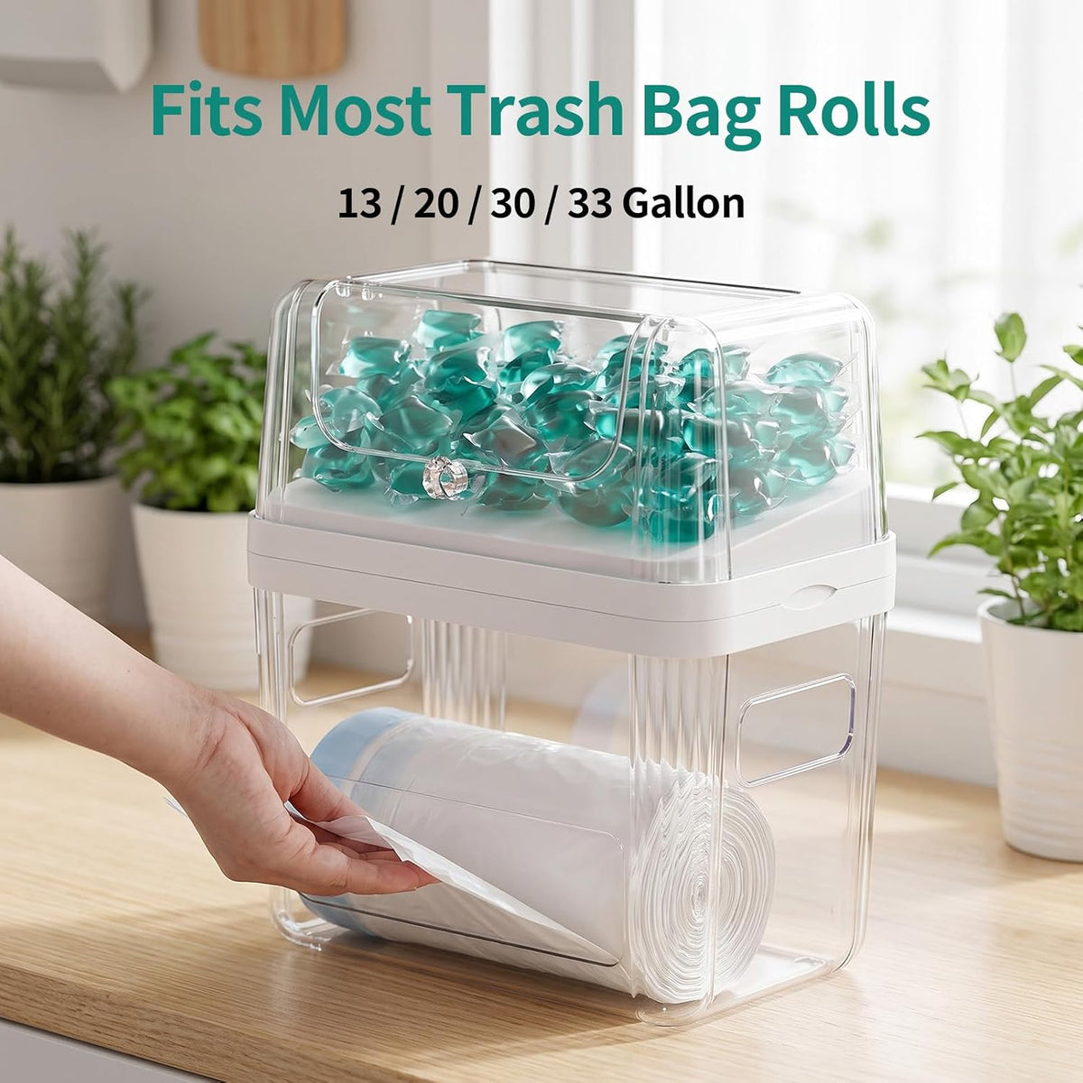 Delamu 3 In 1 Trash Bag Holder Dishwasher Pod Holder With Moistureproof Lid | Stackable Trash Bag Dispenser Garbage Bag Dispenser, Clear Storage Bins Laundry Pods Container for Under Sink Laundry Room