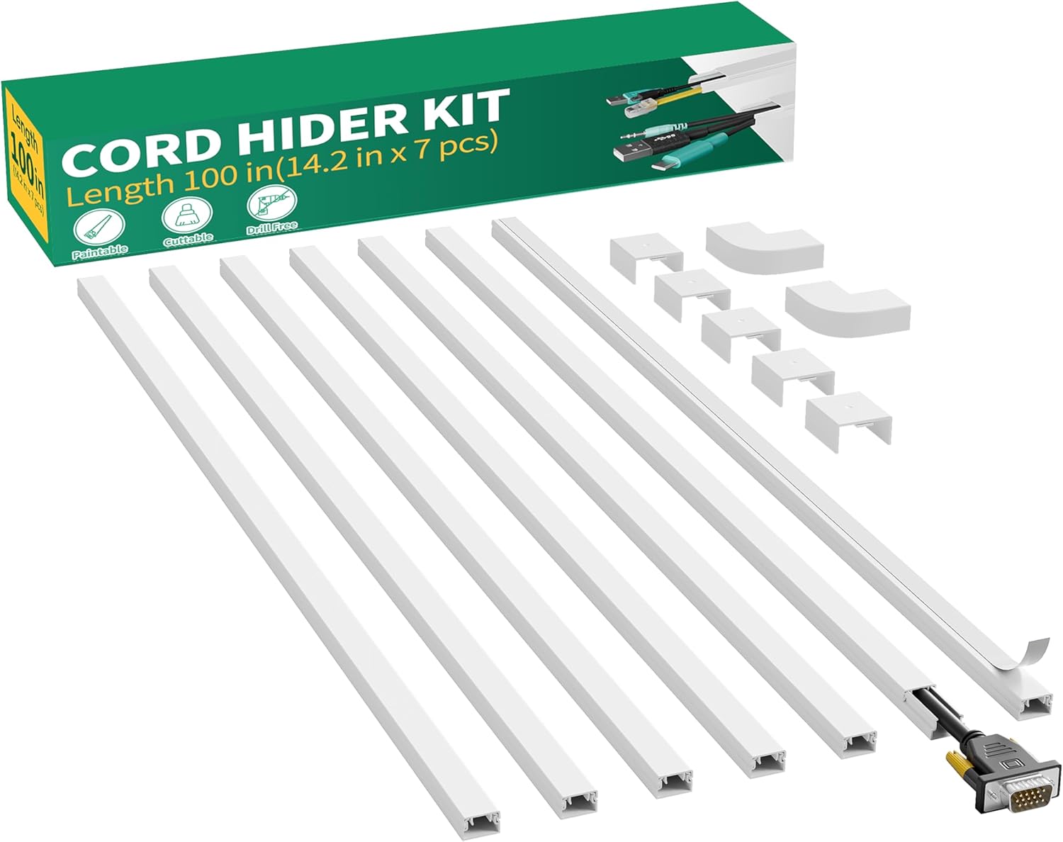 Delamu Cord Hider, 100in Self-Adhesive Cord Cover Kit for Wall Mounted TV, Paintable Wire Hider, Flexible Cable Management System