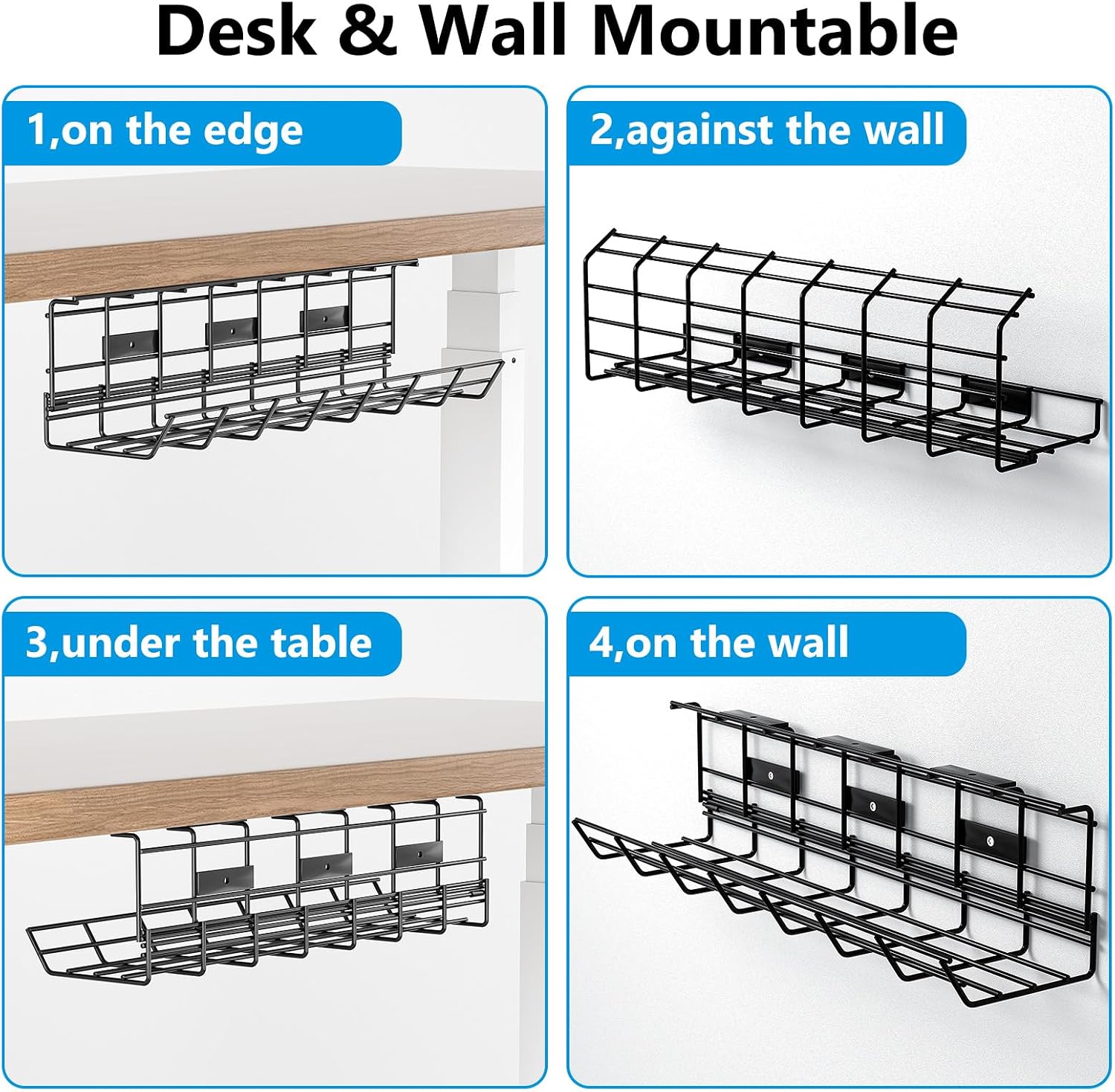 DELAMU 1 Pack Under Desk Cable Management Tray, Black | Metal Wire Organizer for Desk, Easy Install Pre-drilled, Holds 15lb, Wire Management Wire Organizer, For Office & Home