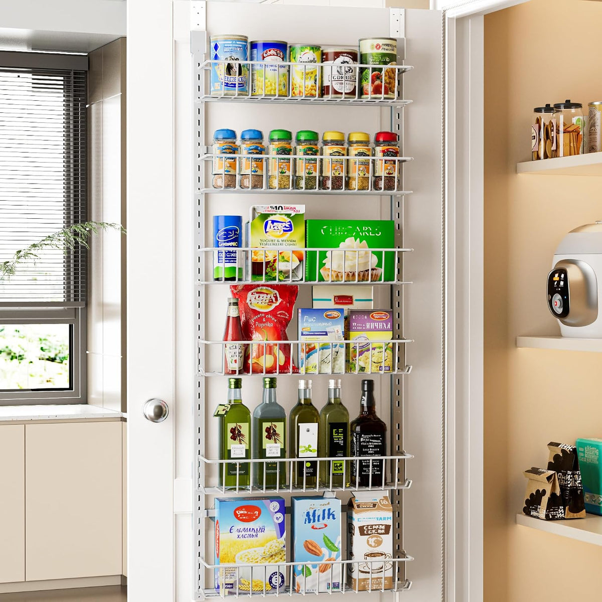Delamu Pantry Door Organizer, Adjustable Metal Over the Door Pantry Organizer Rack, 6-Tier/8-Tire Over the Door Spice Rack, Kitchen Pantry Door Organizers and Storage, D5 W12 H52.1 inch, White, Small