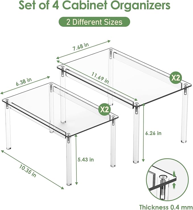 Delamu Cabinet Shelves, Clear Stackable Acrylic Storage Risers with Heavy Duty Support, Cabinet Organizer Shelf for Spices, Seasonings, Jars, Pantry, Kitchen Counter, Easy Assembly