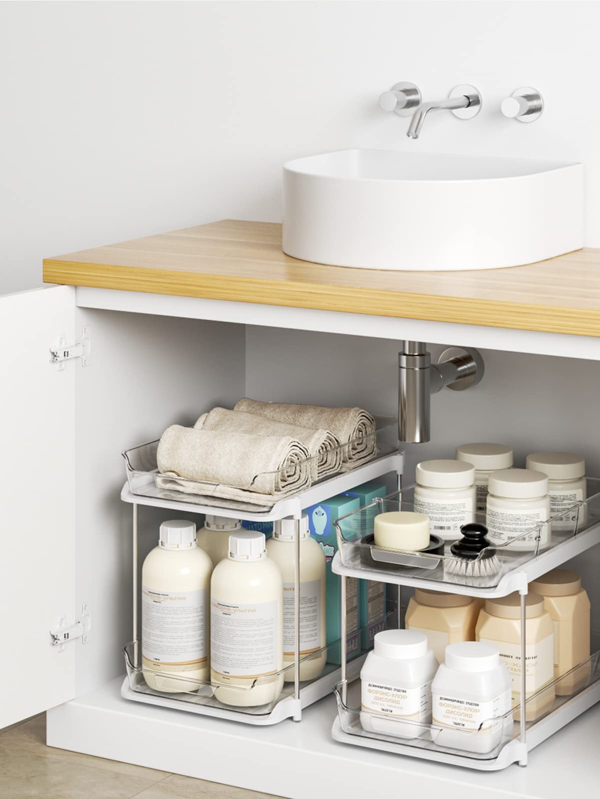 Set Van 2 Opbergvakken Voor Onder De Gootsteen - Verstelbare Hoogte Keuken Badkamer Opslag Grote Plank Met 8 Haken Set Van 2 Opbergvakken Voor Onder De Gootsteen - Verstelbare Hoogte Keuken Badkamer Opslag Grote Plank Met 8 Haken