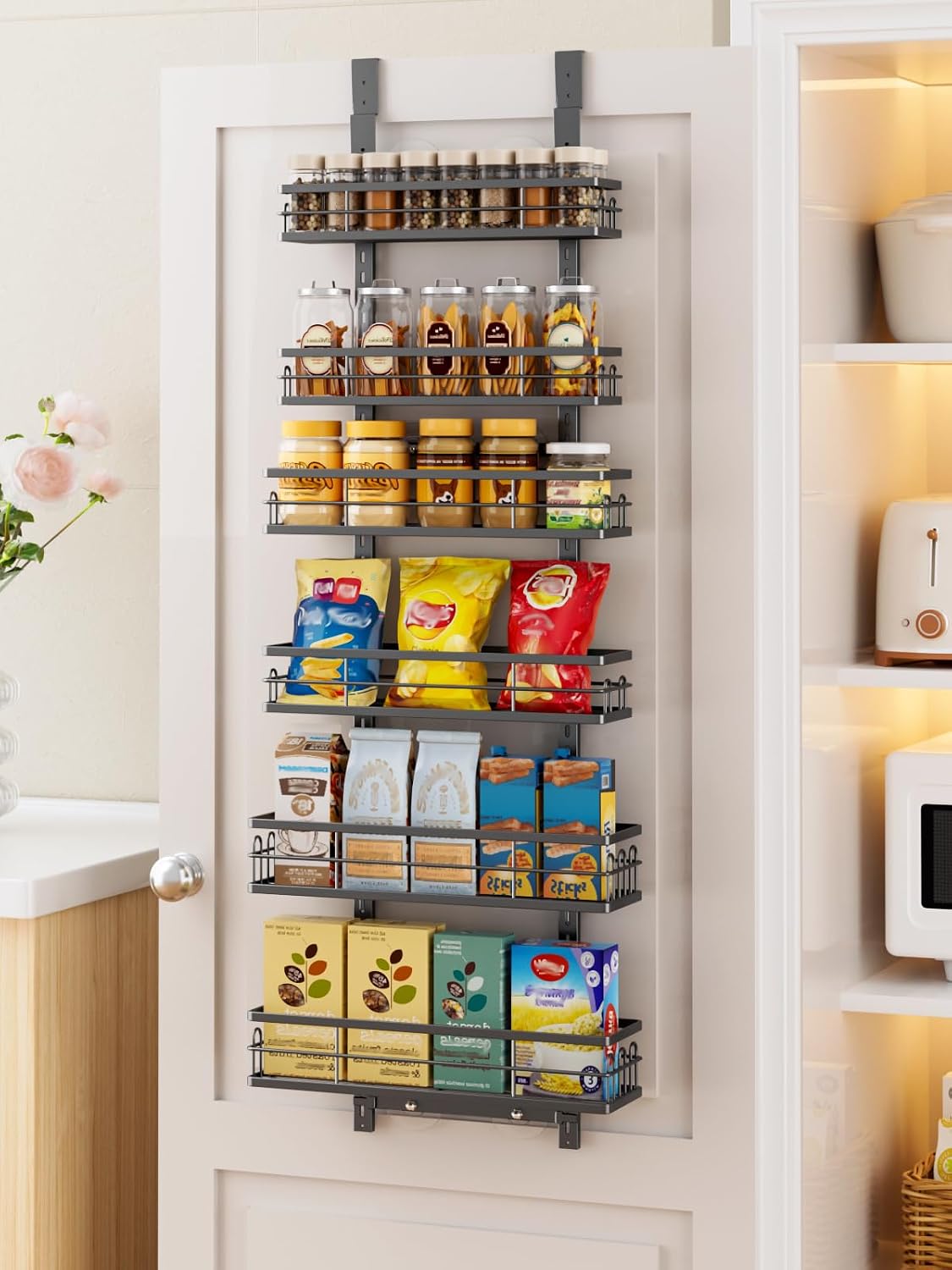 Delamu 9-Tier Over the Door Pantry Organizer, Adjustable Pantry Door Organizers and Storage, Metal Hanging Basket Wall Spice Rack Seasoning Organizer, Door Organizer Kitchen Bedroom Bathroom